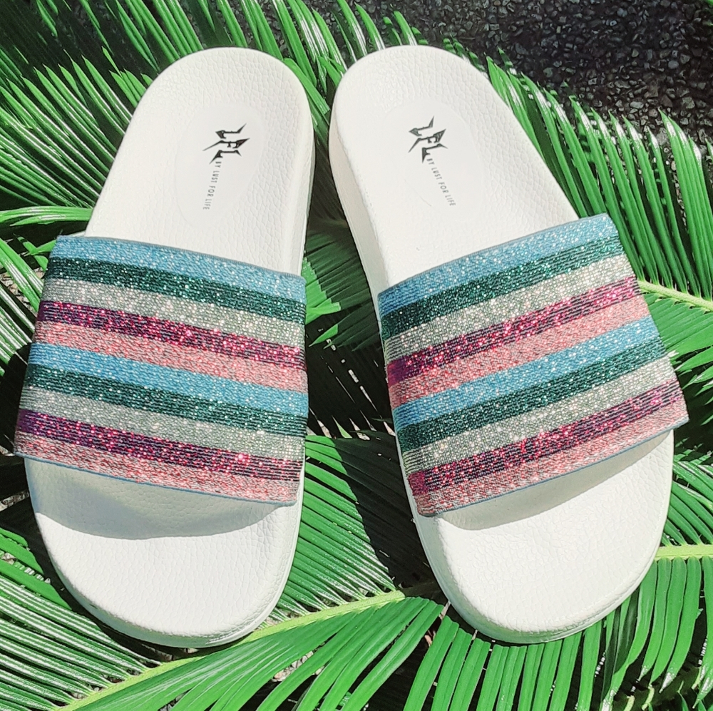 GLITTER Stripe Slides Sandals SPRING ARRIVALS! - Picture 2 of 9